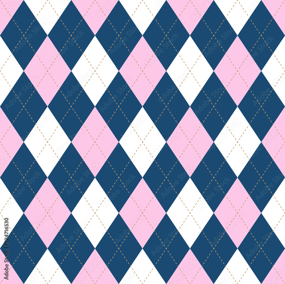 Seamless argyle pattern in pale pink, dark blue & white with light brown stitch.