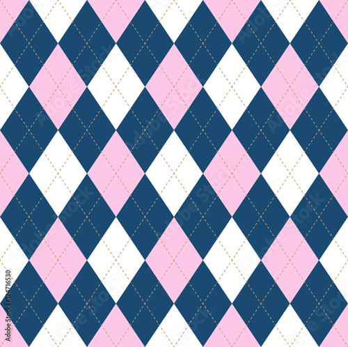 Seamless argyle pattern in pale pink, dark blue & white with light brown stitch.