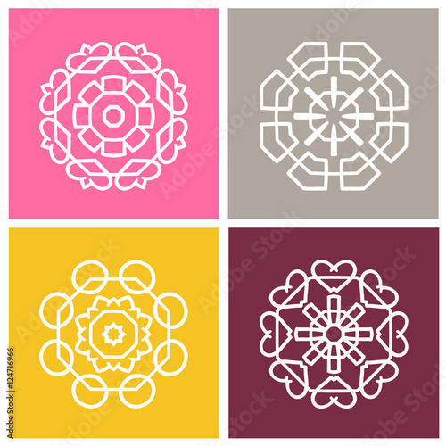 Four beautiful circular ornament. Mandala.Stylized flowers. Set of vector logos.