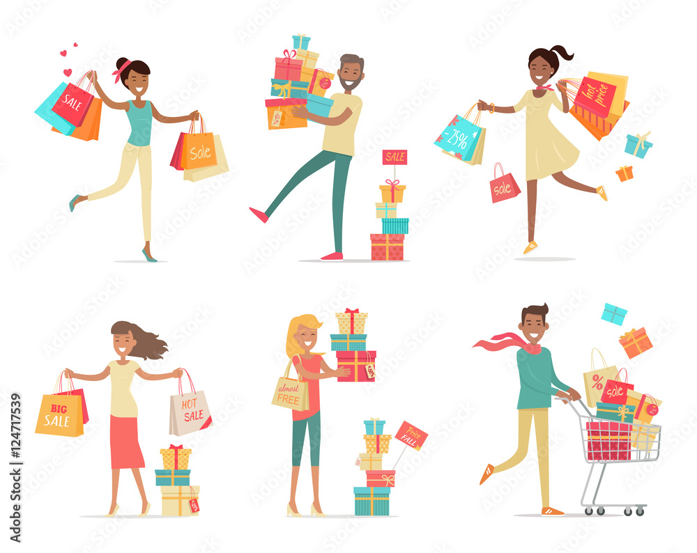 Set of Shopping People Concepts in Flat Design Set of Shopping People Concepts in Flat Design
