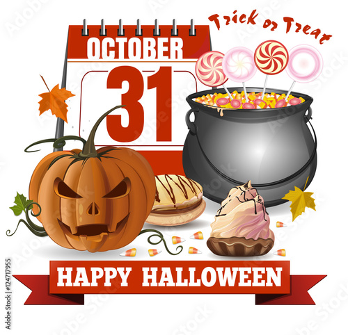 Halloween calendar, jack-o'-lantern and a caldron with candies. Trick or treat. Happy Halloween. Greeting card for Halloween