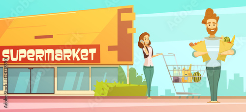 Supermarket Shopping Outdoor Retro Cartoon Poster 