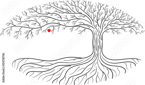 Druidic apple tree, oval silhouette, black and white tree logo with one red apple