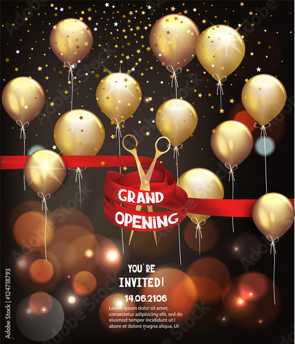 Grand opening background with red curly ribbon, scissors and gold air balloons