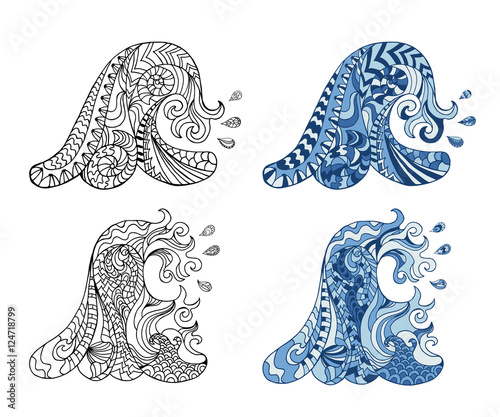 Hand drawn zentangle waves and drops