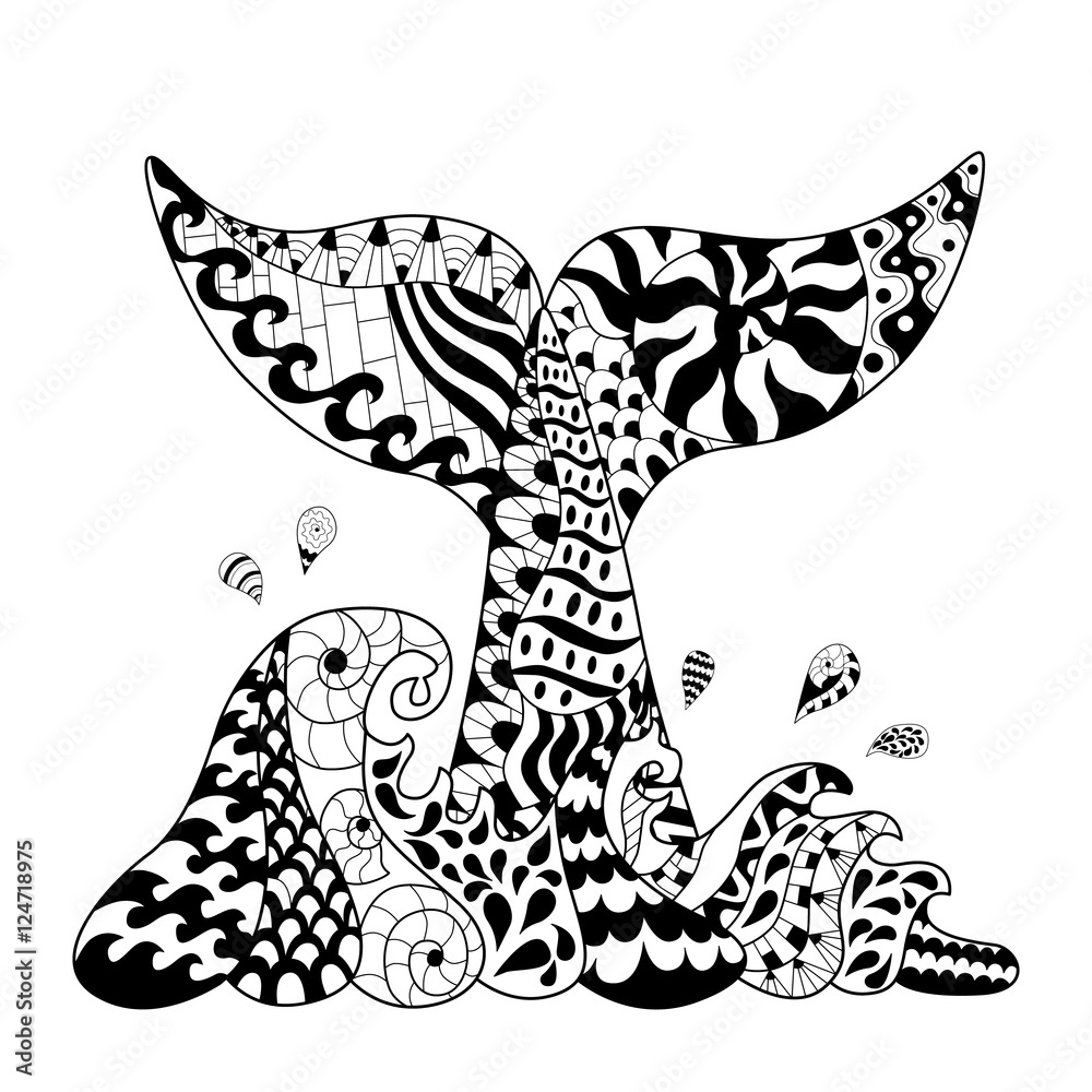 Naklejka premium Hand drawn zentangle waves and whale tail1