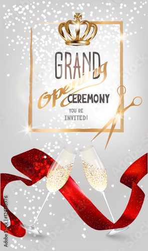 Grand opening sparkling invitation card with red satin ribbon, glasses of champagne and scissors