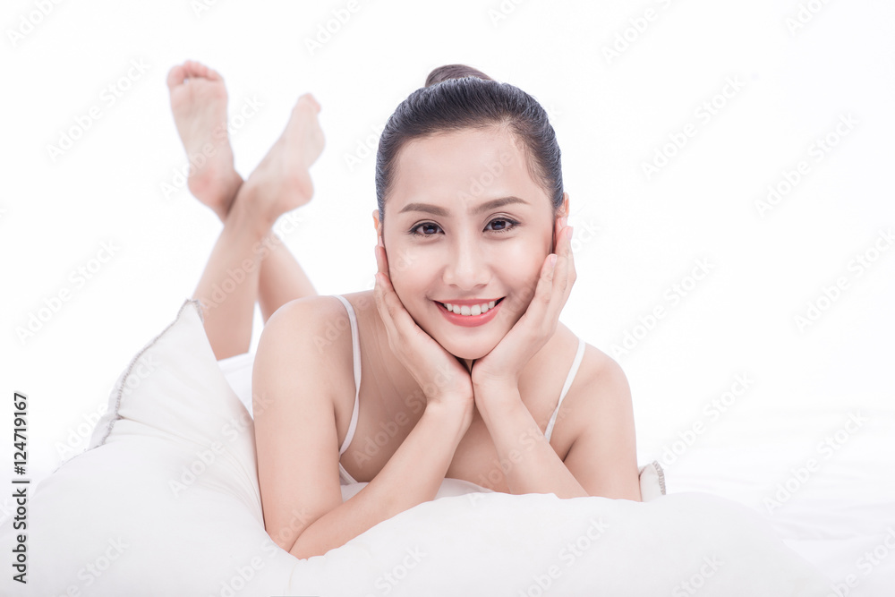 Health and beauty concept - beautiful woman on white Health and beauty concept - beautiful woman on white