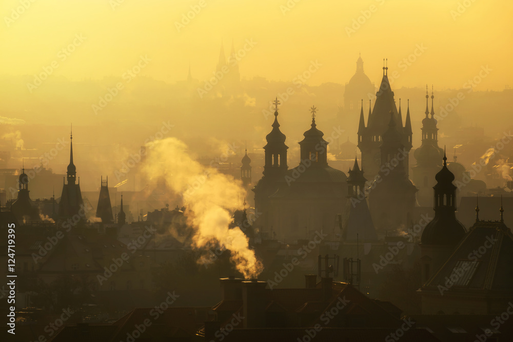 Fototapeta premium Foggy morning during sunrise, Prague, Czech republic