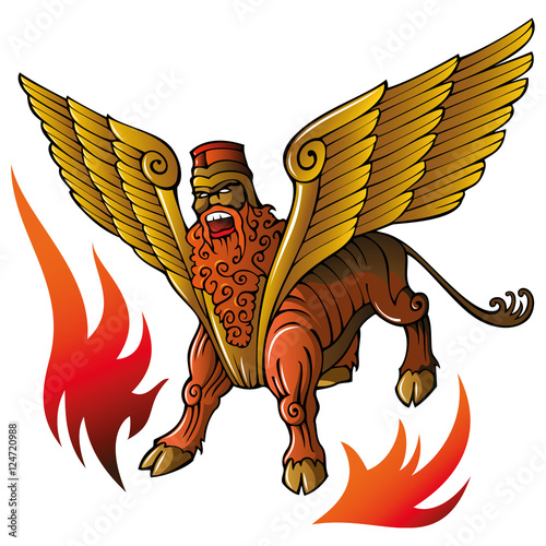 Assyrian mythical deity Shedu, winged bull with human head, banishing evil spirits, vector illustration photo