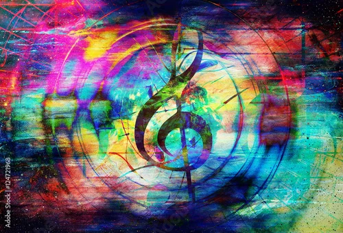 Obraz piękny abstrakcyjny kolorowy kolaż z nutami i kluczem skrzypcowym w kosmosie.