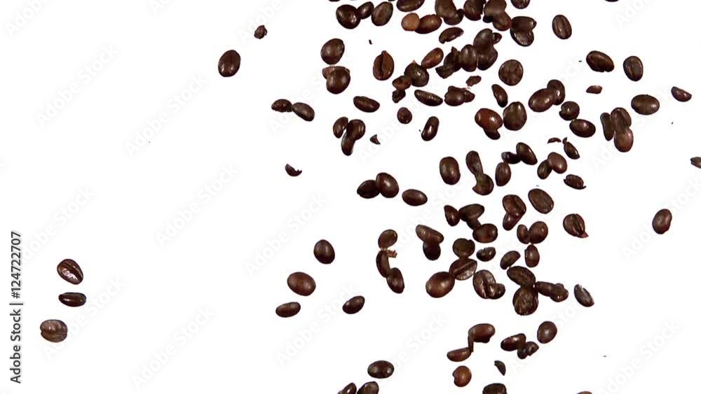 Coffee Beans Falling against White Background, Slow Motion