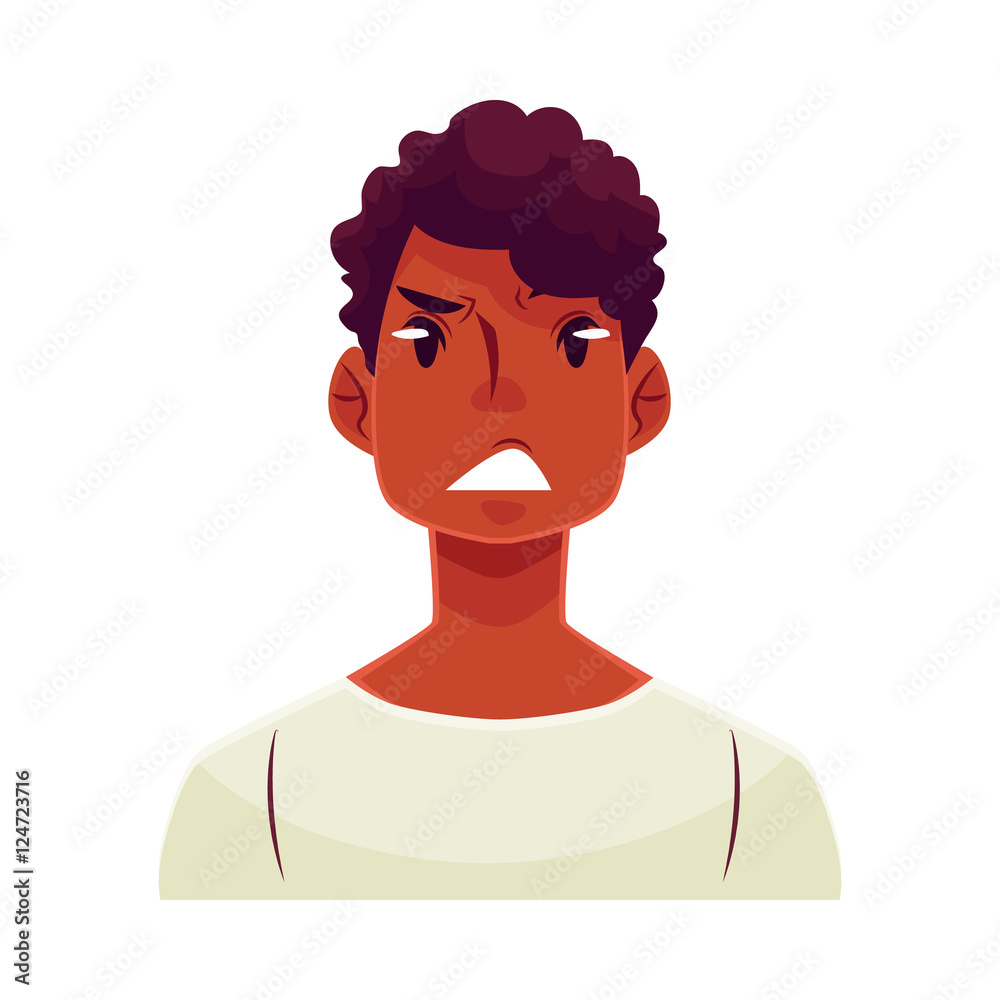 Young african man face, upset, confused facial expression, cartoon vector  illustrations isolated on white background. Handsome boy feeling upset,  concerned, confused frustrated. Stock Vector | Adobe Stock