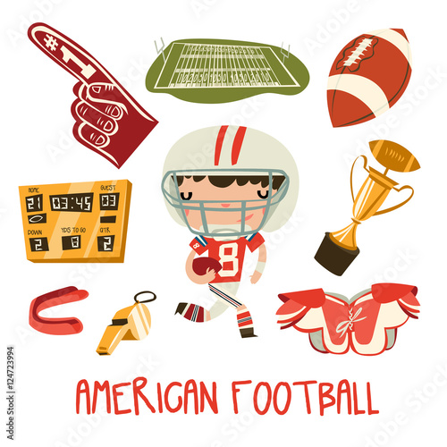 american football kid set. little boy in american football equipment. vector set.