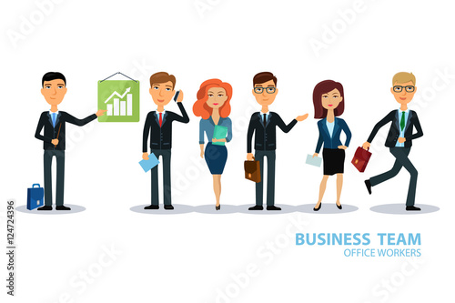 Business team. Group of office workers. Business people characters. Men and women in office wear. Broker, manager, seller or dealer. Flat vector illustration.