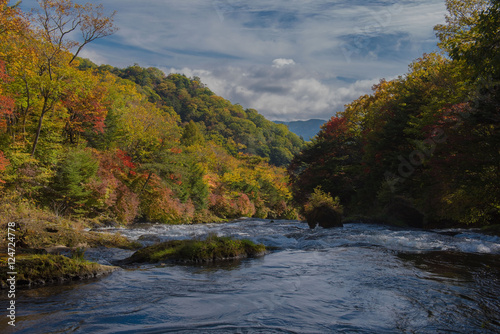 Nature waterfall in the forest water stream. season in nikko japan