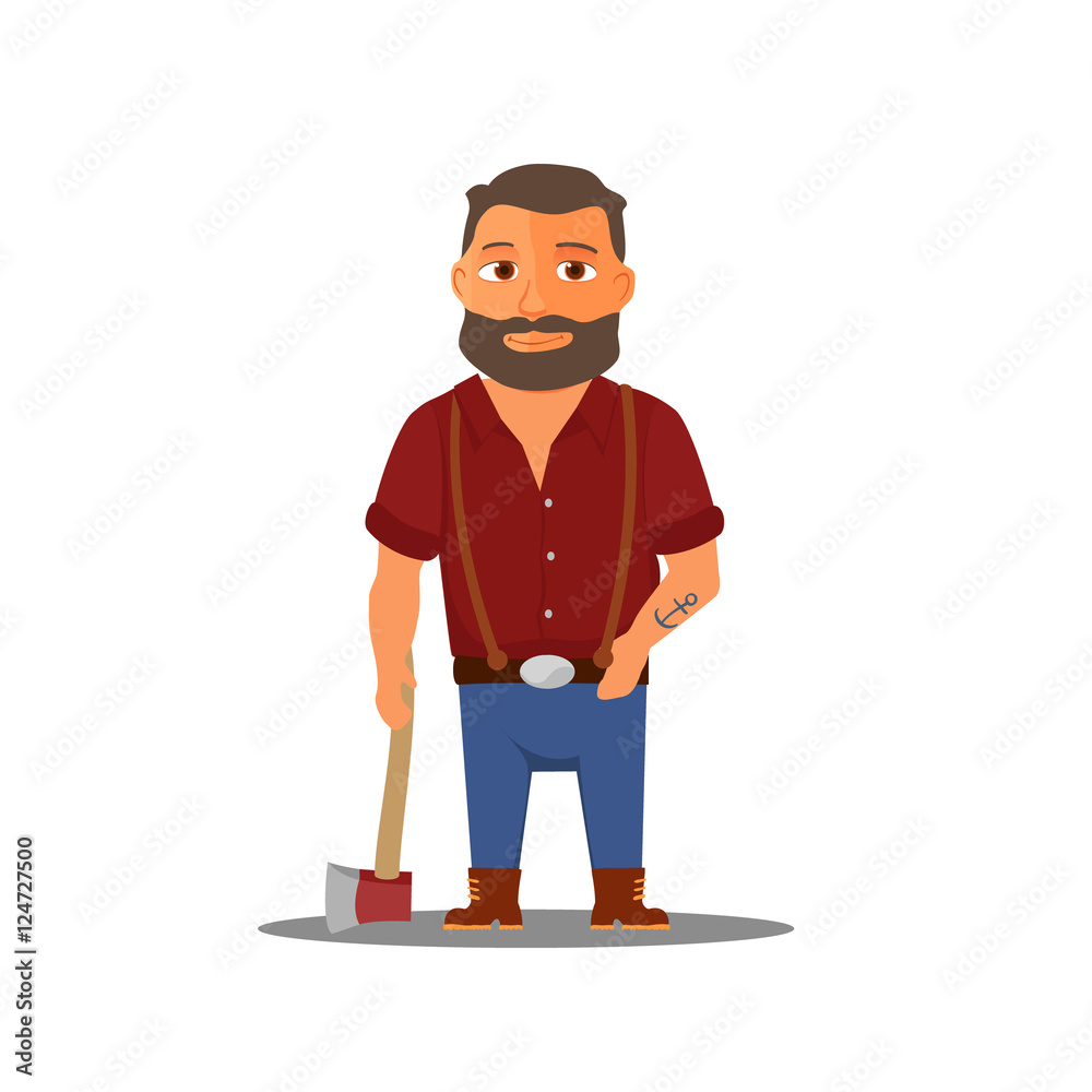 Cartoon lumberjack character with axe. Vector