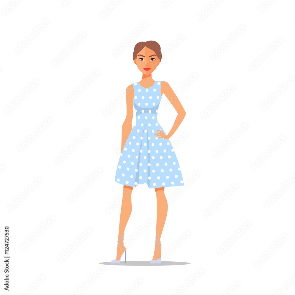 Cartoon Woman character on polka dot dress isolated on white background. Vector Cartoon Woman character on polka dot dress isolated on white background. Vector