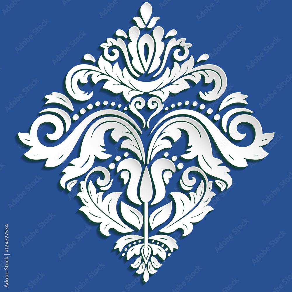 Seamless oriental blue and white ornament. Fine vector traditional oriental pattern with 3D elements, shadows and highlights
