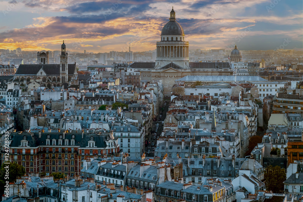 Aerial Vintage Paris France from Notre-Dame Cathedral with the Pantheon in the background. Autumn shot.