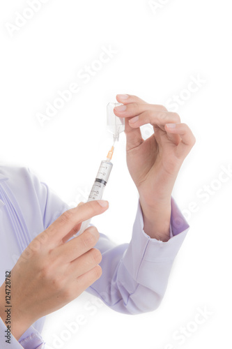 Doctor holding medical injection syringe isolate on white background