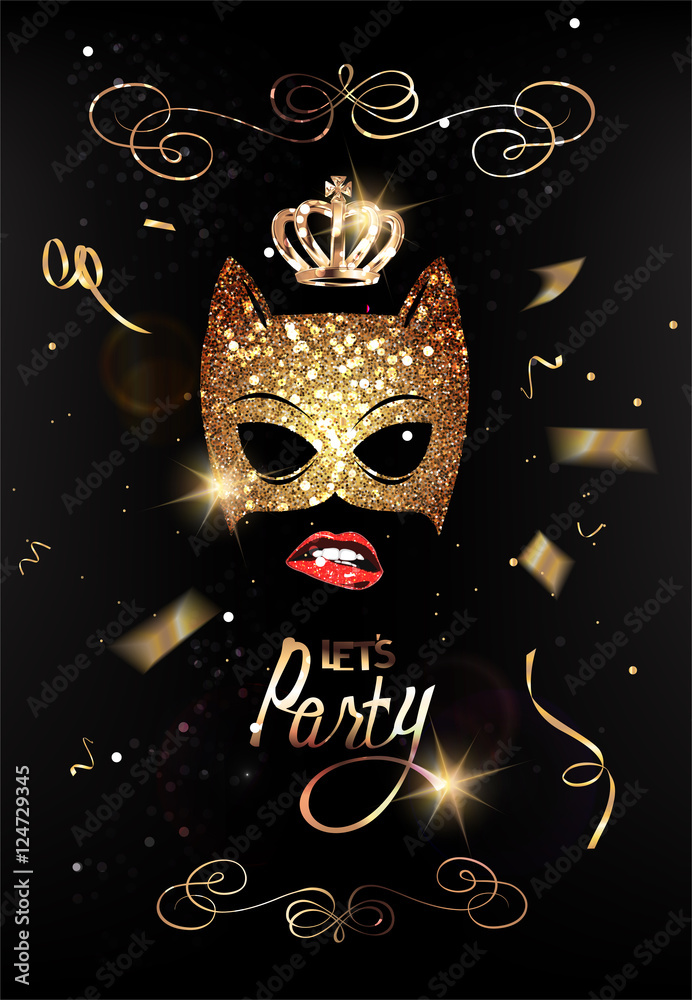 Party invitation card with sparkling mask and gold flying confetti