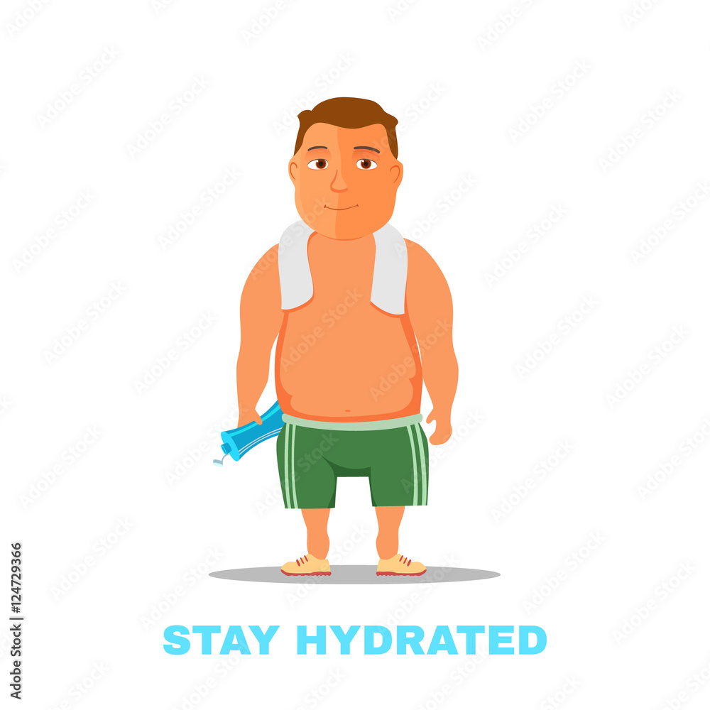 Cartoon guy, after work out, with towel and water bottle. Vector