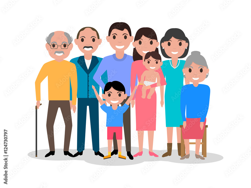 Cartoon happy family. Big lovely family portrait Cartoon happy family. Big lovely family portrait