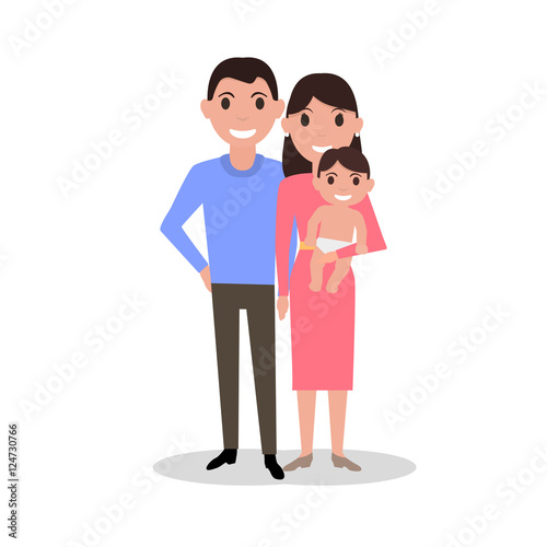 Cartoon dear happy family parents and newborn baby