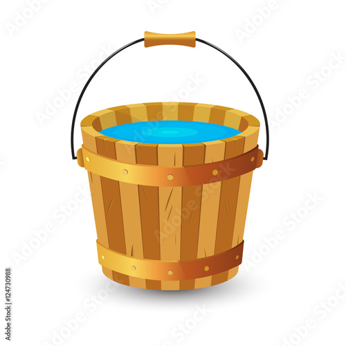 Wooden bucket with clean drinking water. Vector illustration.