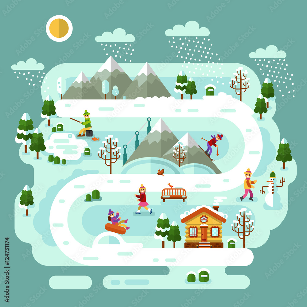 Flat design vector nature winter landscape illustration with house, girls and boys skiing and ice skating, pond winter fishing, snowman, bench, mountains, trees, snow, snowflakes. Ski resort concept.