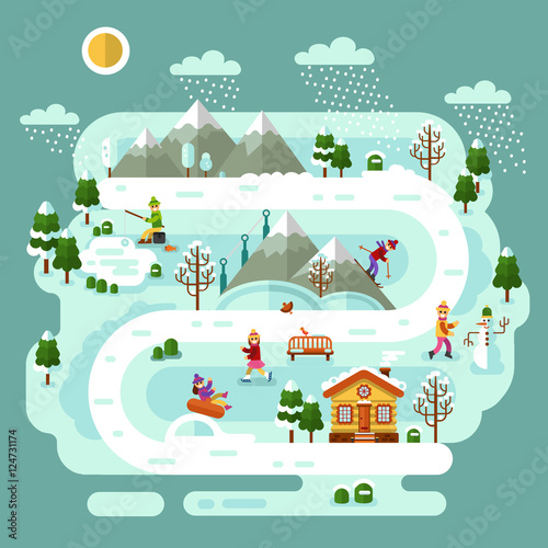 Fototapeta Naklejka Na Ścianę i Meble -  Flat design vector nature winter landscape illustration with house, girls and boys skiing and ice skating, pond winter fishing, snowman, bench, mountains, trees, snow, snowflakes. Ski resort concept.