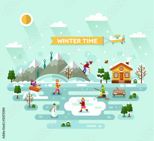 Flat design vector nature winter landscape illustration with house, skiing and ice skating, fishing, snowman, bench, mountains, trees, snowflakes. Airplane with banner. Winter time, resort concept.