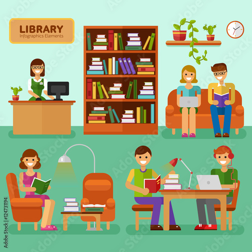 Flat design vector illustration of Library with girls and boys reading books, interior, big bookcase, lamp, bookshelf. Library infographic stock elements. Learning, education concept for website.