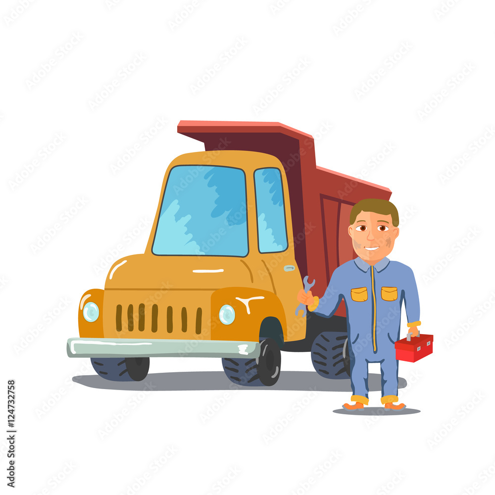 Cartoon mechanic with Truck on white background. Vector Cartoon mechanic with Truck on white background. Vector