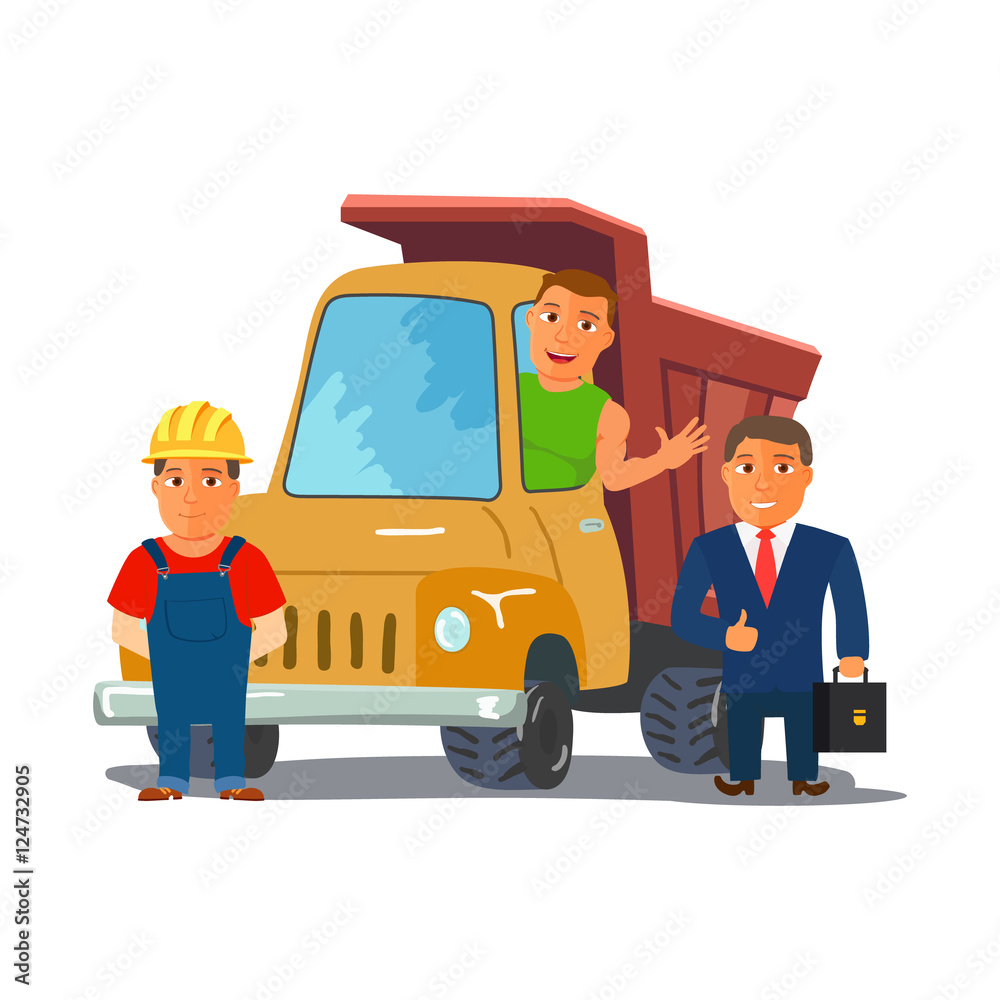 Cartoon Businesman with Truck Driver and Builder Characters. Consctruction Team. Vector
