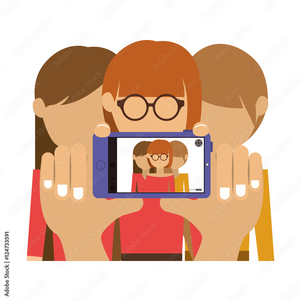 group of womens taking a selfie with smartphone device. colorful design. vector illustration group of womens taking a selfie with smartphone device. colorful design. vector illustration