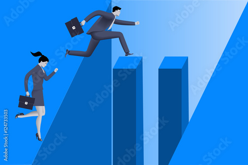 Gender inequality on career path business concept, Business lady stops before abyss, but businessman jumps over abyss because he has helping pillars on his way. Concept of career disparity, foul play