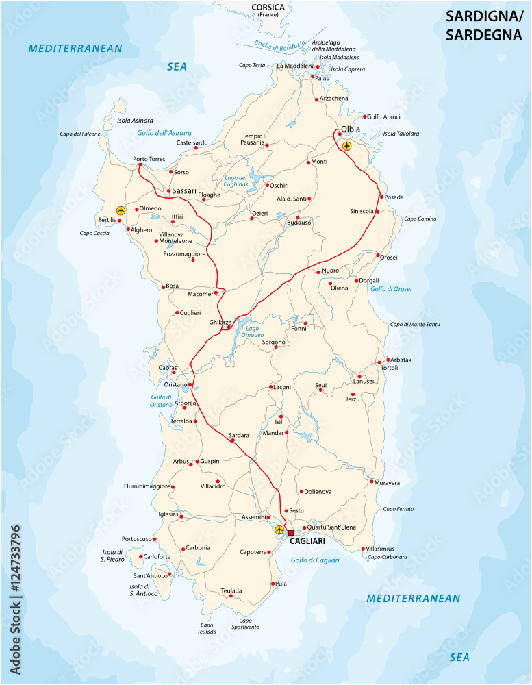 Road map of the italian mediterranean island sardinia