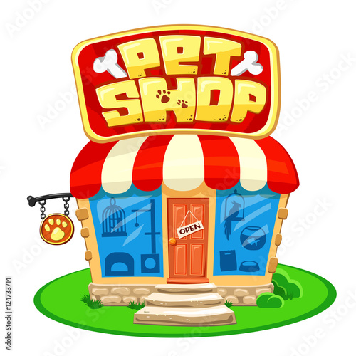 Pet shop. Store building with bright banner. Cartoon Vector illustration isolated on white. Front Facade Design, concept with animal accessories, Street Signboard.