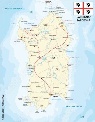Road map of the italian mediterranean island sardinia with flag