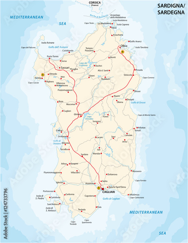 Road map of the italian mediterranean island sardinia