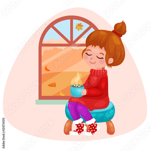 Vector illustration of a cartoon girl holding a cup with sweet hot chocolate, steam coming out of it