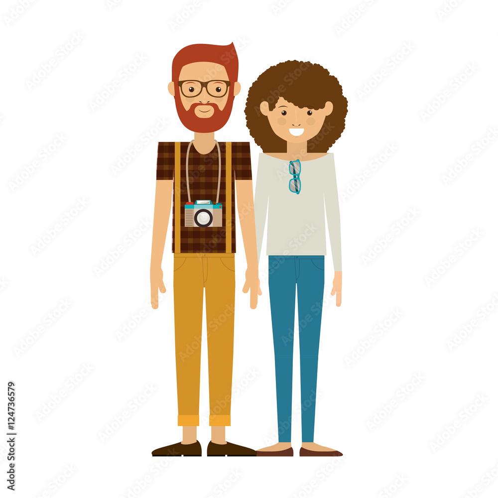 hipster couple woman and man smiling with camera around his neck. vector illustration hipster couple woman and man smiling with camera around his neck. vector illustration