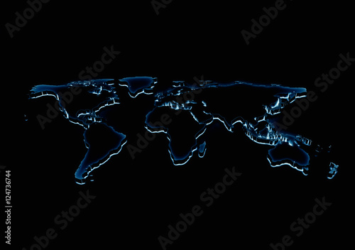 World map blue glow on black background