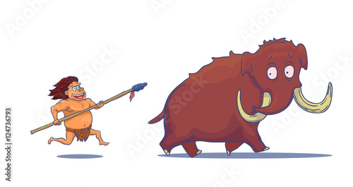 Cartoon Caveman with Spear hunting Mammoth. Vector