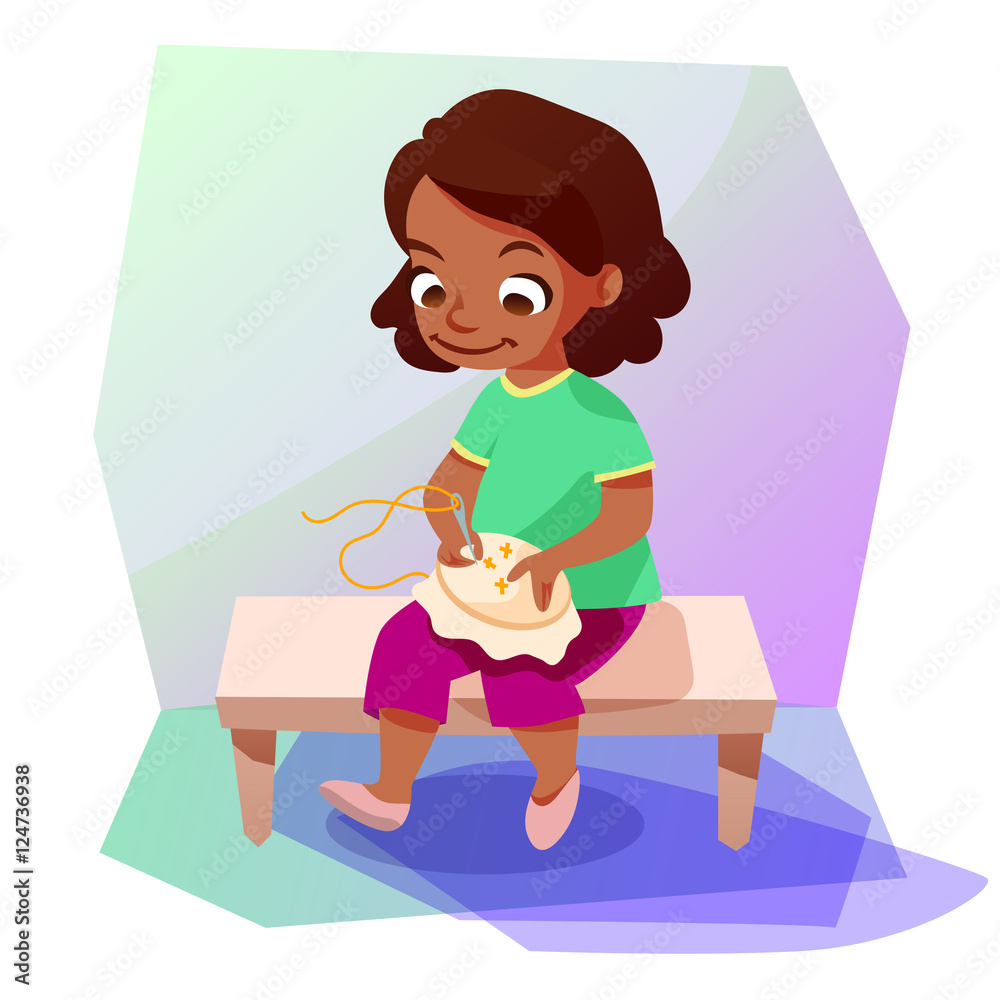 African american girl doing a cross stitching