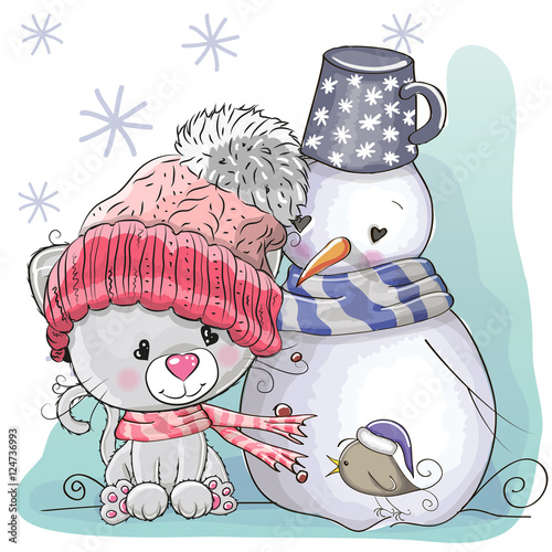 Cute Kitten and snowman