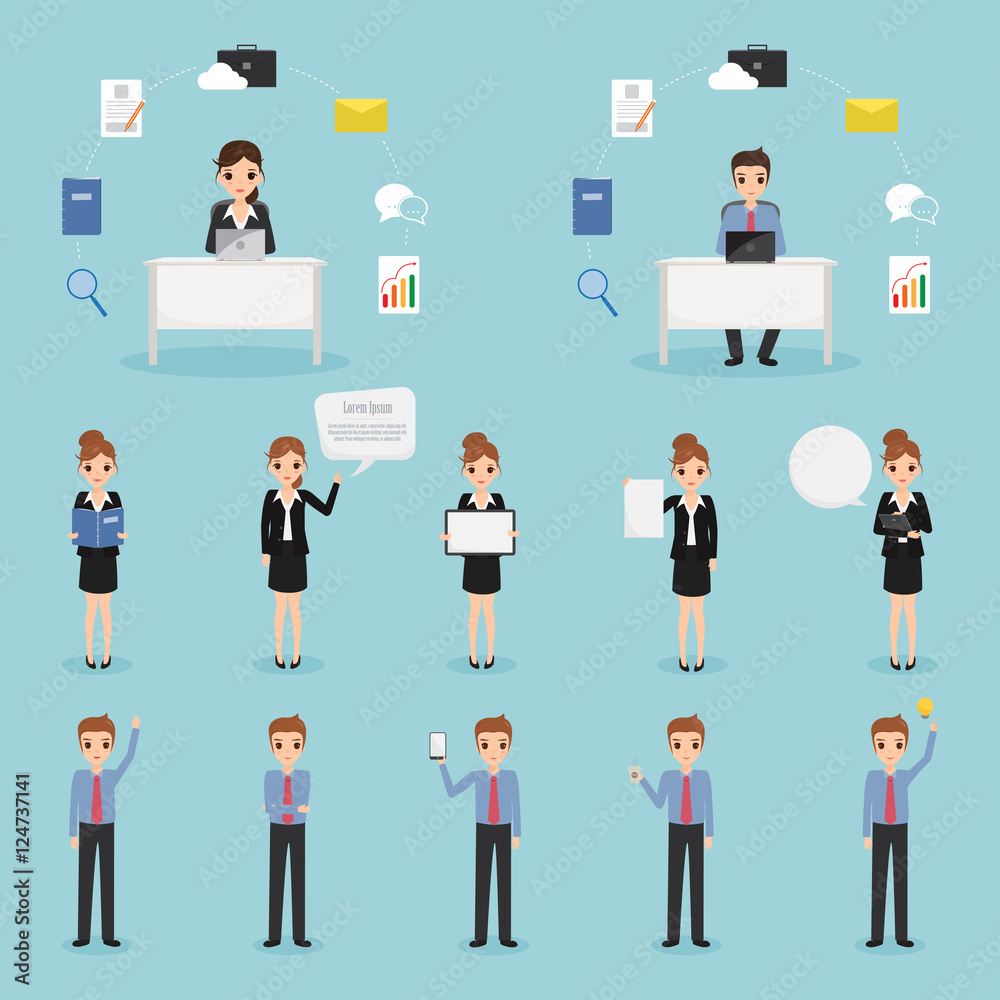 Set of business man and business woman character. Set of business man and business woman character.