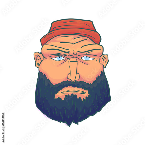 Cartoon Brutal Man Face with Beard and Red Hat. Vector